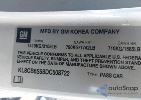 2013 Chevrolet Spark Ls Auto из США, поврежденный, VIN KL8CB6S98DC508722